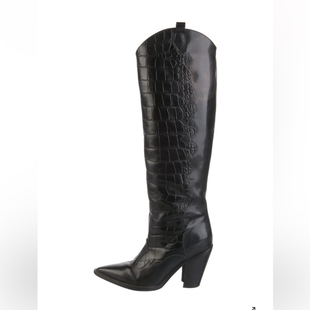 Black Croc-Embossed Knee-High Boots